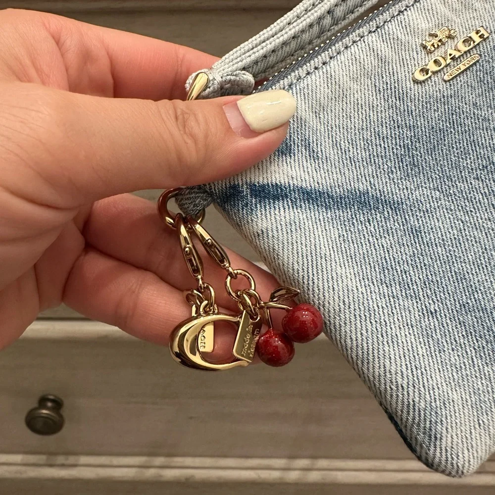 NWT Coach Corner Zip Wristlet with 2 Charms in Loved Denim Gold/Light Indigo